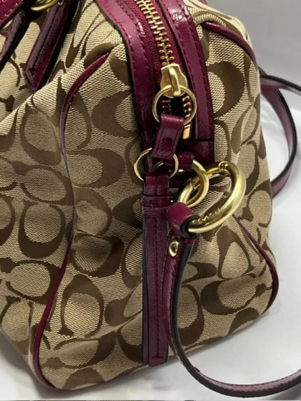 Coach Signature Stripe Python Satchel F24884 in Khaki w/Raspberry Python w/COA